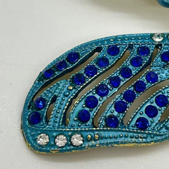 Dragonfly Brooch Articulated Tail Blue Teal Rhinestones Statement 5 inch wide - Picture 9 of 16